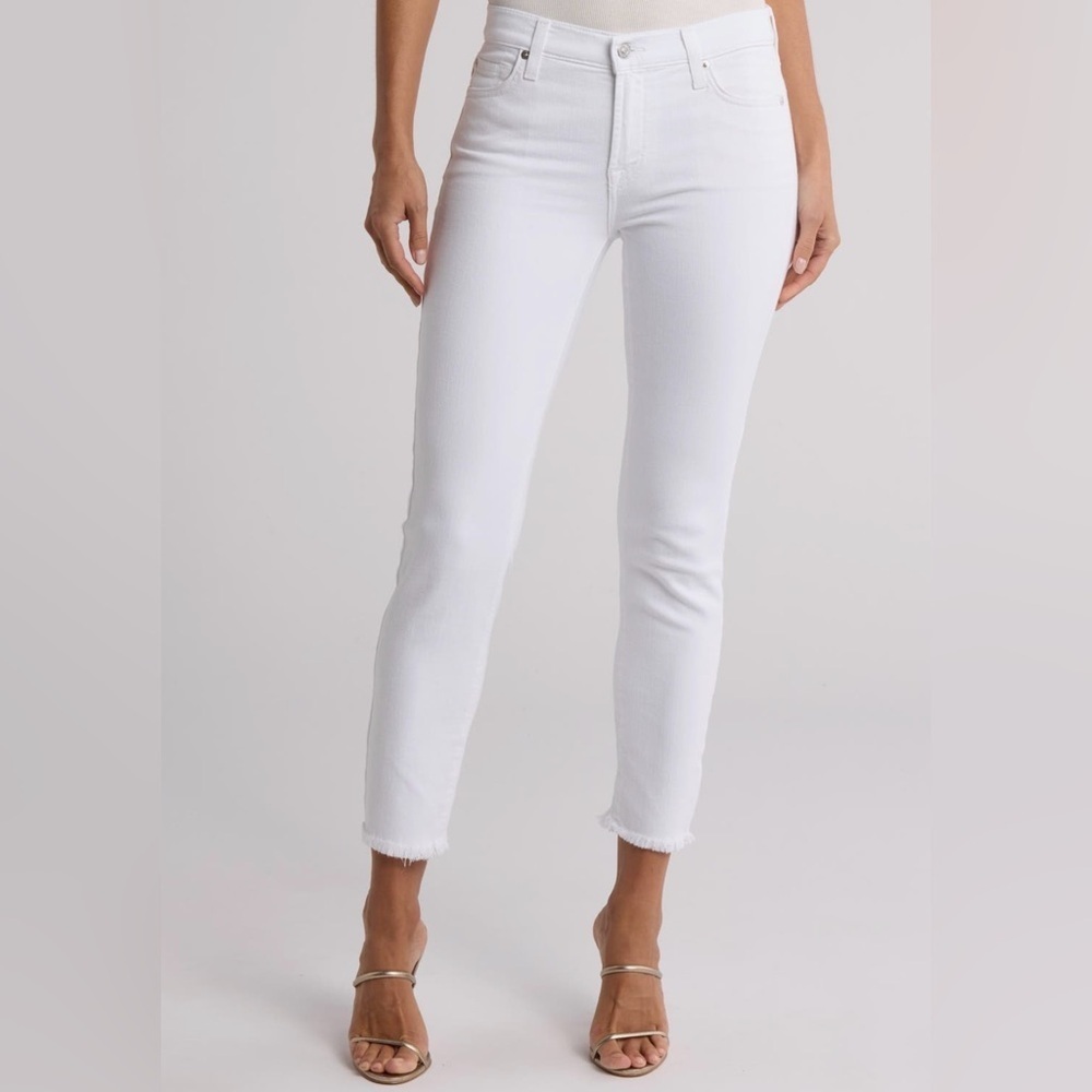7 for All Mankind Womens White Skinny Ankle Jeans Size 25 Cutoff Hem Stretch EUC